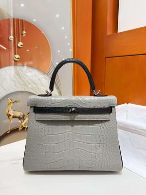 wholesale quality hermes kelly 25 crocodile gray / black